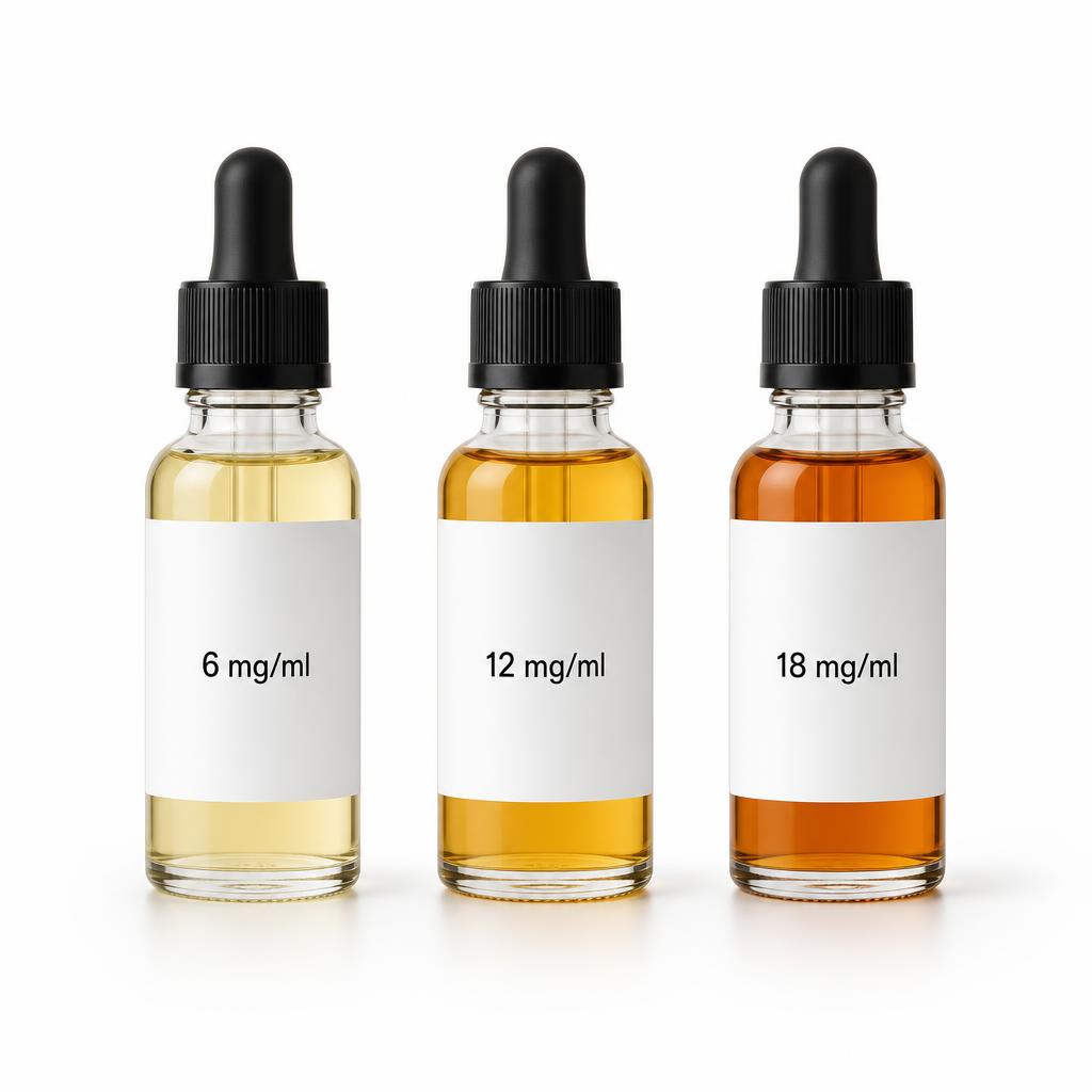 Flacons de e-liquide 10 ml en 6, 12 et 18 mg par ml de nicotine